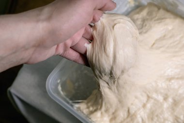 Plastik konteynırda hamur yoğuran kadına yakın çekim. Lastik ekmek hamuru esnetme işlemi.