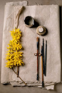 Düz kompozisyon, sarı forsythia dalları, kaliteli boya fırçaları ve el yapımı dut kağıdı üzerine mürekkep kabı. Resim ya da kaligrafi için sanat malzemeleri minimum biçimde düzenlenmiştir..