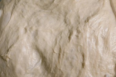 Ev yapımı hamur mayası dokusunu kapat. Çiğ ekmek hamuru pişirmeye hazır. Pürüzsüz beyaz un karışımı yüzey makro vuruşu.