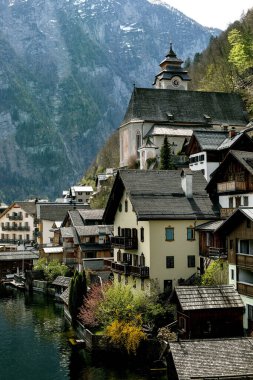 Geleneksel mimari kilisesi ve göl kıyısındaki evleri dramatik Alplere karşı olan Avusturya köyü Hallstatt. Çiçek açan ağaçların olduğu bahar manzarası.