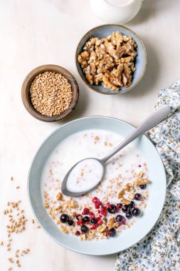 Cevizli buğday taneleriyle filizlenmiş kahvaltı kasesi. Beyaz seramik kâse içinde kaşık malzemeleri mermer yüzey peçetesinde küçük kâselerde..