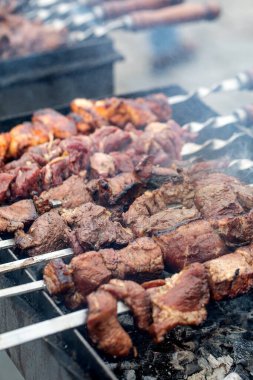 Terbiye edilmiş et parçaları kızgın kömür ızgarasında metal şişler üzerinde pişiyor. Sulu biftek kebabı, dumanlı aromalı. Mangal partisi veya açık hava yemekleri için mükemmel..