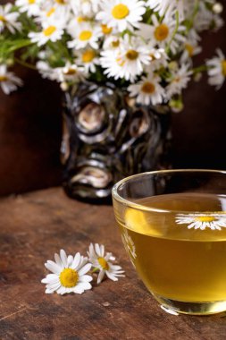 Cam bardak bitkisel papatya çayı ahşap masa taze papatya çiçeği vazosu. Doğal sağlık içeceği rahatlama konsepti.