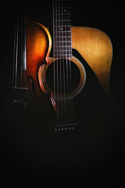 Violin Acoustic Guitar Black Background — Stock Photo, Image