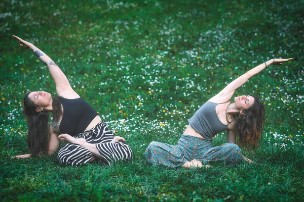 Couple Friends Practice Meditative Yoga Spring Flower Meadow — Stock Photo, Image