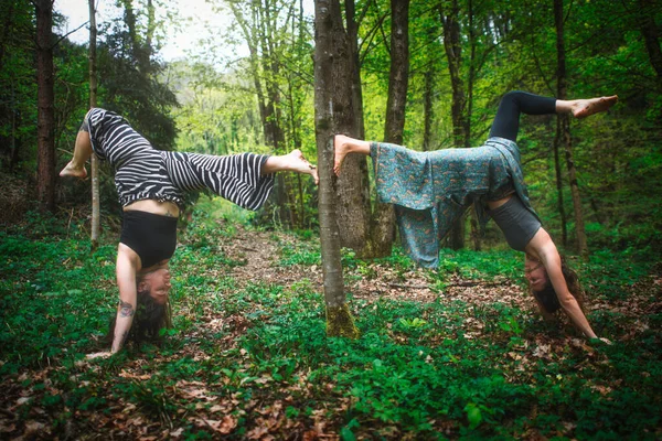 Yoga Acrobático Practicado Por Jóvenes Parejas Femeninas Naturaleza — Foto de Stock