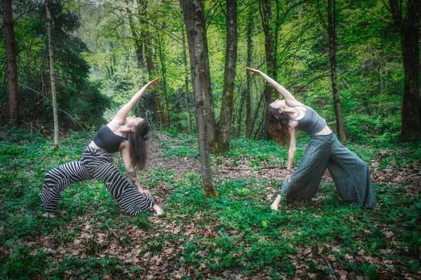 Postura Meditativa Yoga Practicada Bosque Con Par Chicas —  Fotos de Stock