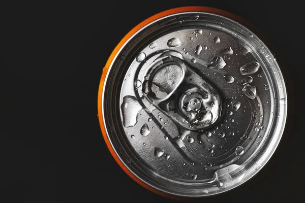 Aluminum Can Beverage Covered Water Drops Black Background — 스톡 사진