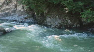 Vahşi dağ nehri, Karpatlar 'da ağır çekimde taştan akıntılar arasında akıyor. Ulusal parkta hızlı ve temiz akış. Nehir kıyıları arasında akan muhteşem su akıntısı manzarası. Su arkaplanı. 