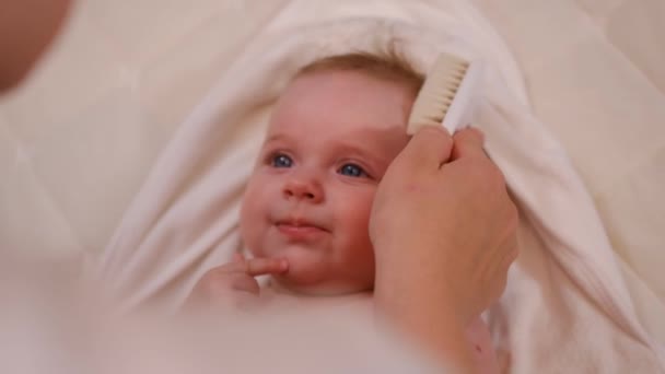 붓으로 머리를 어린아이의 아기의 머리카락을 쓰다듬고 있어요 인간의 보살핌 아이들의 — 비디오