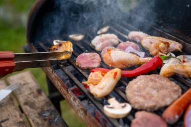 Assorted delicious grilled meat with vegetables over the coals on a barbecue. High quality photo