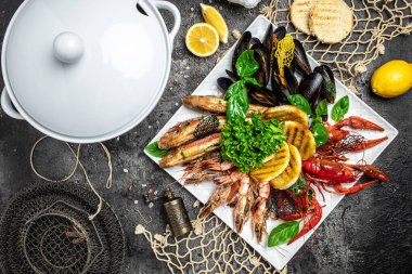 fish crayfish, Tasty boiled crayfishes. Restaurant menu, dieting, cookbook recipe top view.