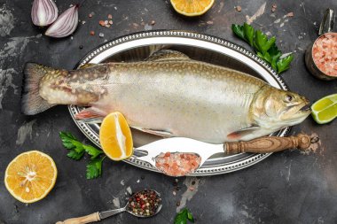 Çiğ kutup balığı. Mutfak, yemek pişirme, fırın konsepti. Restoran menüsü, diyet, yemek kitabı tarifi üst görünümü.