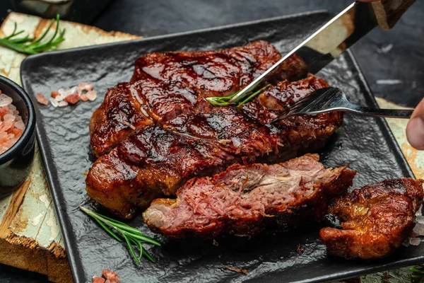 Cut Steak Knife Dark Background American Food Concept Banner Menu — Stock Photo, Image