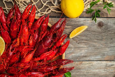 Istakoz yakın plan. Ahşap arka planda kırmızı kerevit. Bira fabrikası konsepti. Bira için atıştırmalık. metin için yer, üst görünüm.