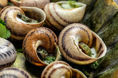 Kızarmış salyangoz salyangoz de Bourgogne otlar, tereyağı, çatallı metal tabakta sarımsak, şarap kadehi. Gurme yemekleri. Restoran menüsü, diyet, yemek kitabı tarifi..