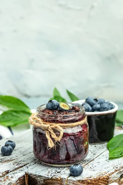 Blueberry Jam Marmelade Glass Blueberries Fruits Vertical Image Top View — Stockfoto