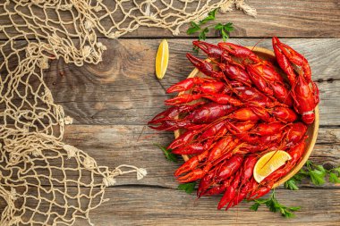 Istakoz yakın plan. Ahşap arka planda kırmızı kerevit. Bira fabrikası konsepti. Bira için atıştırmalık. metin için yer, üst görünüm.