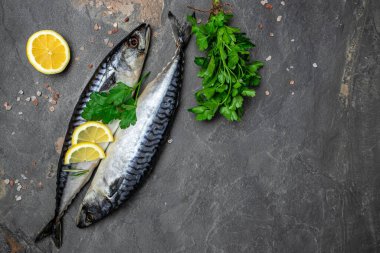 Siyah arka planda tuzlu, limonlu ve baharatlı uskumru. Taze deniz ürünleri. Mutfak, balık pişirme konsepti. afiş, menü, metin için tarif yeri, üst görünüm.