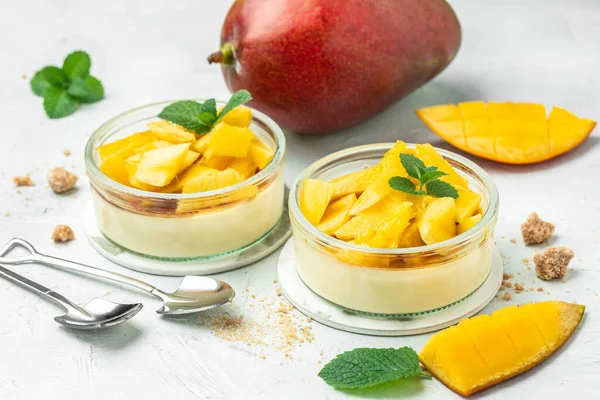 Dessert Panna Cotta Med Bitar Färsk Mango Lätt Bakgrund Ovanifrån — Stockfoto