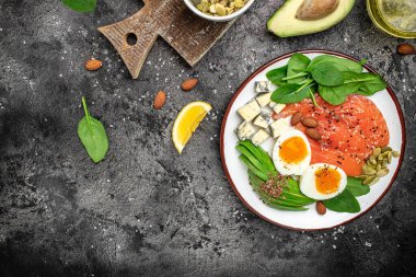 Ketogenik diyet kahvaltısı. somon, avokado, peynir, yumurta, ıspanak ve fındık. Sağlıklı yağlar, kilo vermek için temiz yiyecekler. Uzun afiş biçimi. en üstteki görünüm.