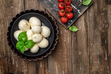 Mozzarella peyniri, fesleğen ve domates kirazı tahtada, kopyalama alanı. Caprese salatası için malzemeler. Metnin için boş yer.