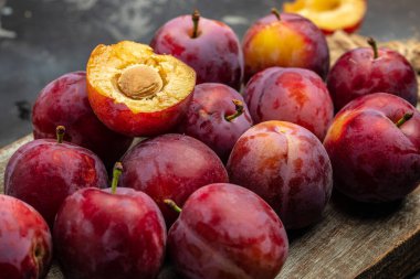 Plums background. Fresh plum Harvest Autumn. top view.
