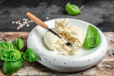 Puglia 'dan taze İtalyan peyniri, beyaz burrata topları veya burratina peyniri Basil ve zeytinyağı ve Ciabatta. metin için yer, üst görünüm.
