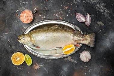 Çiğ kutup balığı. Mutfak, yemek pişirme, fırın konsepti. Restoran menüsü, diyet, yemek kitabı tarifi üst görünümü.