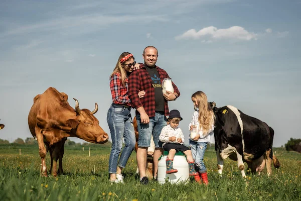 Happy farmers family in green field with big cow in a green field with flowers on a sunny summer day.