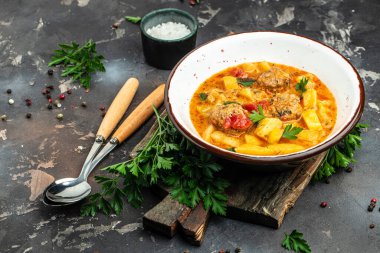 vegetable soup with stewed vegetables and meat, banner, menu, recipe place for text, top view.