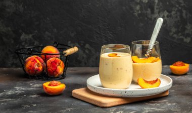 protein shake with peach milkshake, yogurt peaches breakfast drink, Long banner format,