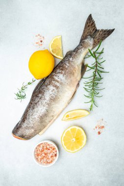 Limonlu çiğ balık somonu ve yemek malzemeleri. Baharatlı çiğ balık alabalığı bifteği ve hafif masa üzerinde otlar. dikey görüntü. Üst Manzara. metin için yer,