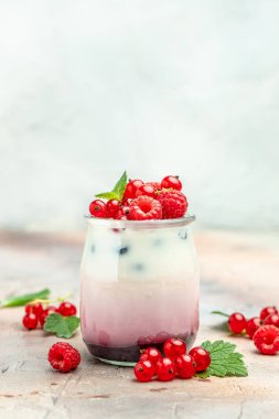 Böğürtlen yoğurdu. Yoğurt, reçel, frenk üzümü ve ahududulu sağlıklı katmanlı tatlı. dikey görüntü. Üst Manzara. metin için yer,