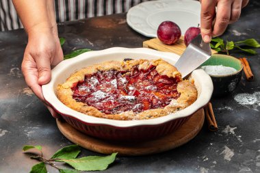 plum cake, powdered sugar is sprinkled on the cake Culinary, cooking, bakery concept. banner, menu, recipe place for text,