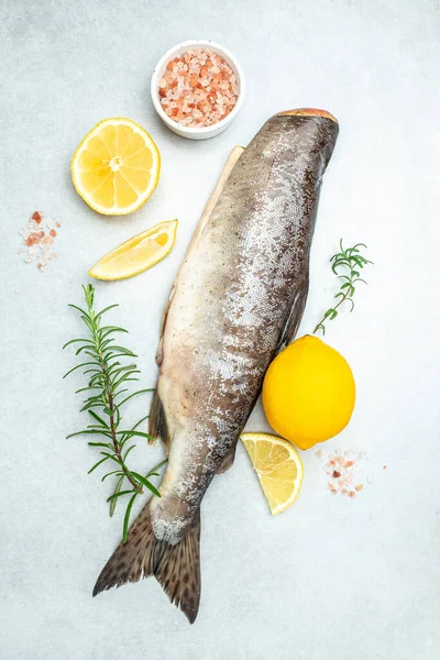 Raw fish salmon with lemons and ingredients for cooking. Raw fish trout steak with spices and herbs on light slate table. place for text, top view.