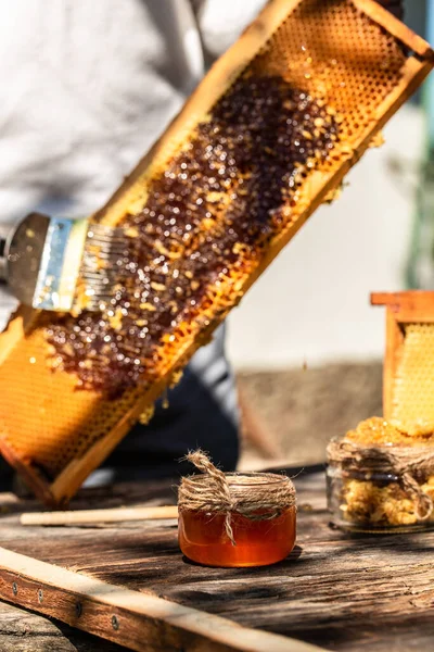 养蜂人与蜜蜂打交道的工具 用蜂窝中的热叉子切蜡盖子提取蜂蜜 蜂窝概念 — 图库照片
