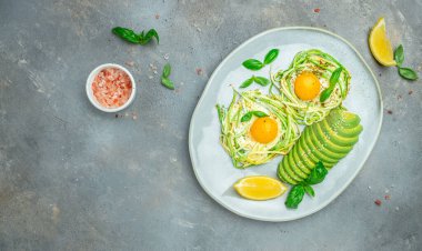 Keto kahvaltı kabağı, yumurta ve avokado. Vejetaryen sebze makarnası, restoran menüsü, diyet, yemek kitabı tarifi üst görünümü..