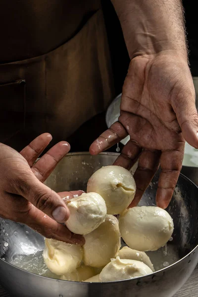 Traditional Cheesemaking, The processing Traditional Italian mozzarella, Cheesemaker, showing freshly made mozzarella,