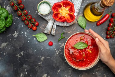 Kadın elleri geleneksel İspanyol çorbası, püre gaspacho ya da gazpachoon 'u koyu bir arka planda tutuyor. Restoran menüsü, diyet, yemek kitabı tarifi üst görünümü.