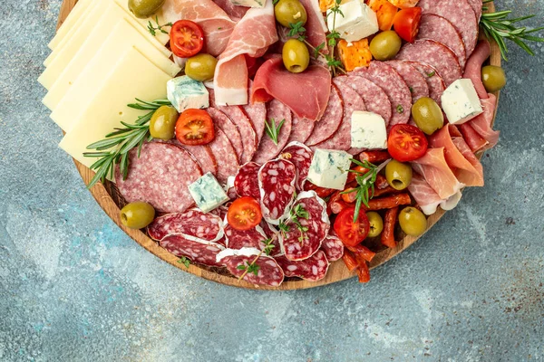 Appetizers Table Cheese Fuits Meat Board Blue Background Banner Menu — Fotografia de Stock