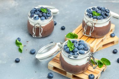 Yoğurt ve yabanmersini. Sağlıklı kahvaltı. Vejetaryen vejetaryen yemeği yiyen süper sağlıklı yiyecekler. afiş, menü, metin için tarif yeri, üst görünüm.