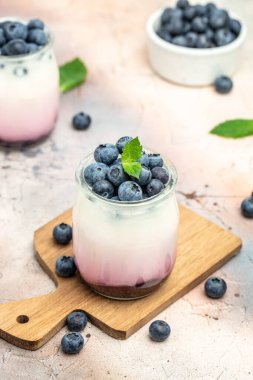 Ev yapımı tatlı panna cotta yabanmersinli ve kavanozda reçelli koyu arkaplan. Lezzetli dengeli gıda konsepti. metin için yer, üst görünüm.