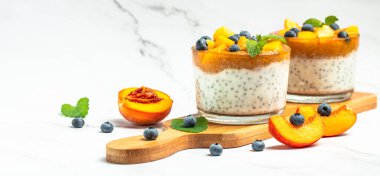 Şeftalili yaban mersinli yoğurt. Meyveli ev yapımı tatlı. Uzun afiş biçimi. metin için yer, üst görünüm.