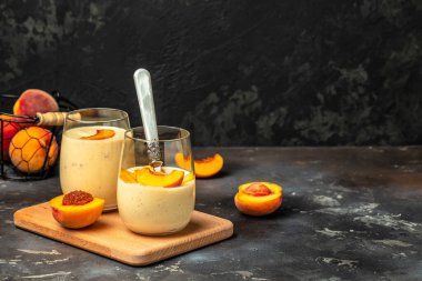 protein shake with peach milkshake, yogurt peaches breakfast drink, Long banner format,
