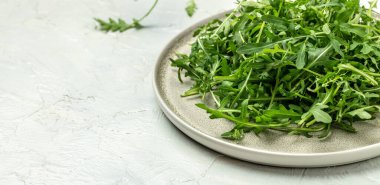 Arugula leaves on a light background. Long banner format. top view.
