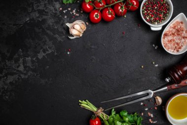 cooking background, Herbs and spices on black stone background. banner, menu, recipe place for text, top view.
