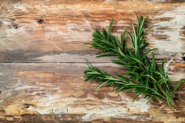 rosemary on a wooden background, banner, menu, recipe place for text, top view,