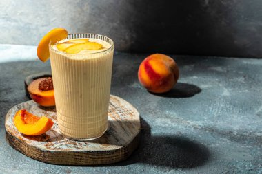 peach, milk yogurt. Healthy eating. Breakfast, snack Restaurant menu, dieting cookbook recipe top view.