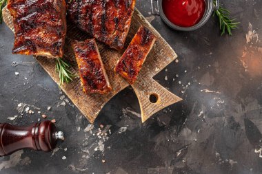 grilled pork ribs. Restaurant menu, dieting, cookbook recipe top view.